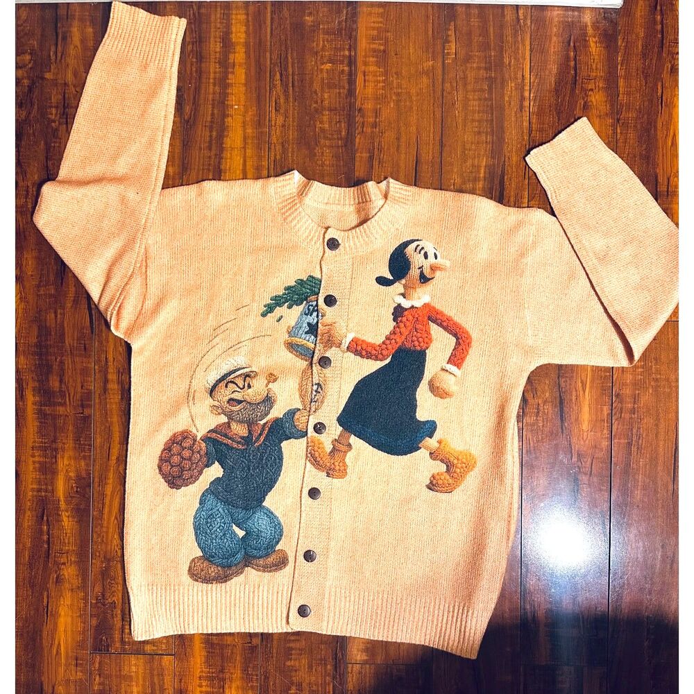 Popeye and Olive Oyl Embroidered Retro 2D Knit Light Coral Cardigan Sweater XL